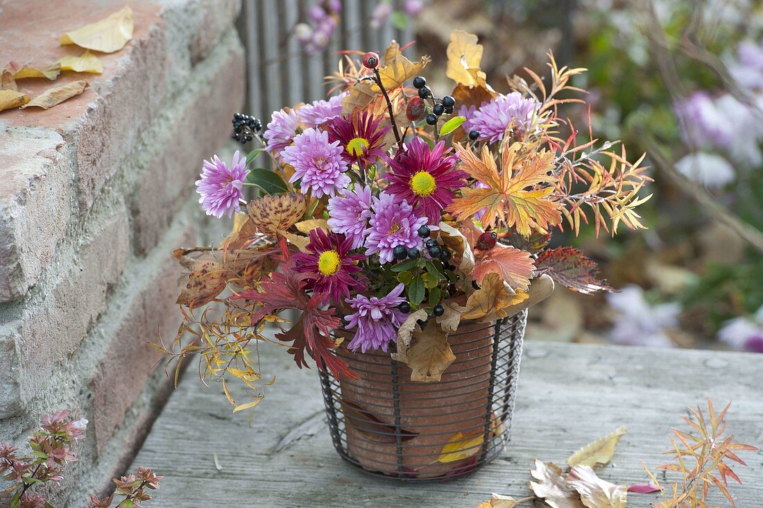 Autumnal bouquet with leaves, Chrysanthemum