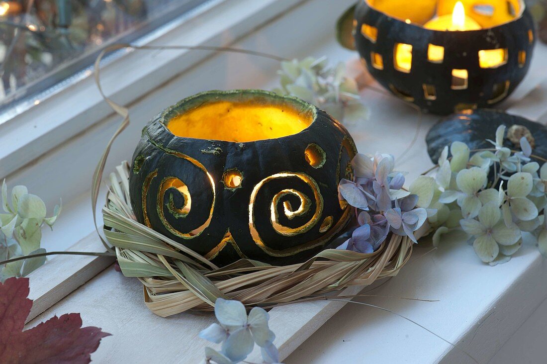 Decorative carved pumpkins (Cucurbita) as lanterns