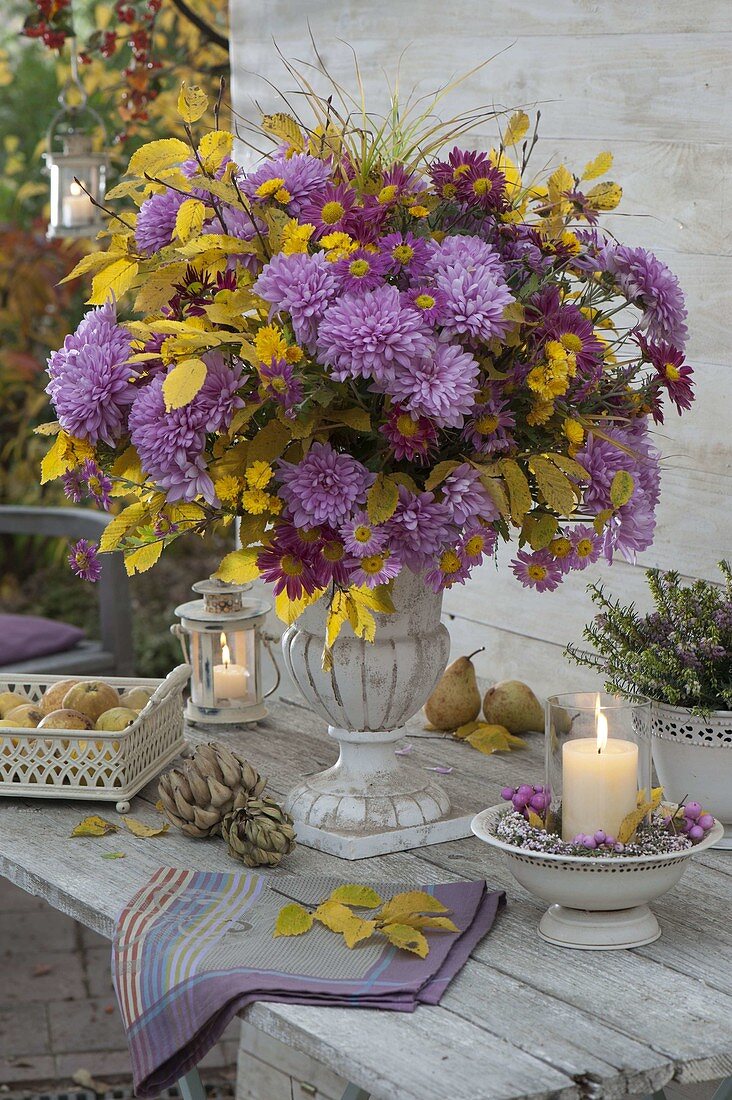 Autumn bouquet with Chrysanthemum (autumn chrysanthemum), Carpinus twigs