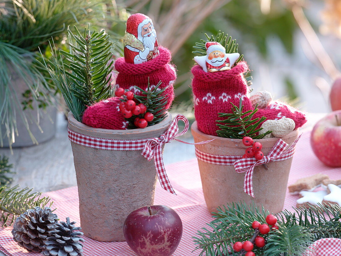 St. Nicholas socks stuffed with St. Nicholas chocolates in Terrracotta pots