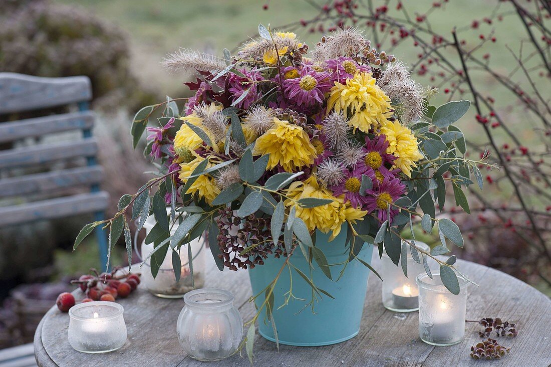 Frozen bouquet with Chrysanthemum (autumn chrysanthemum), Eucalyptus