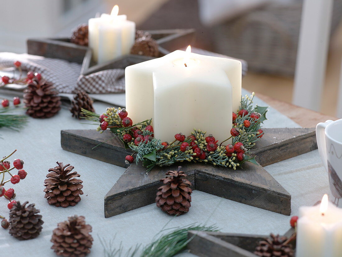 Star candle on wooden star with star-shaped wreath of Cypressus arizonica