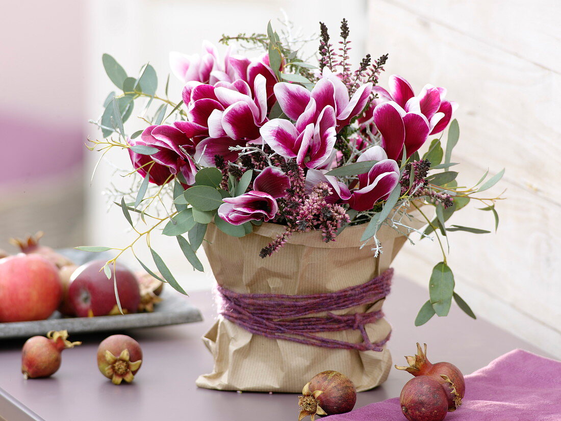 Autumn bouquet of Cyclamen (cyclamen), Eucalyptus, Calluna