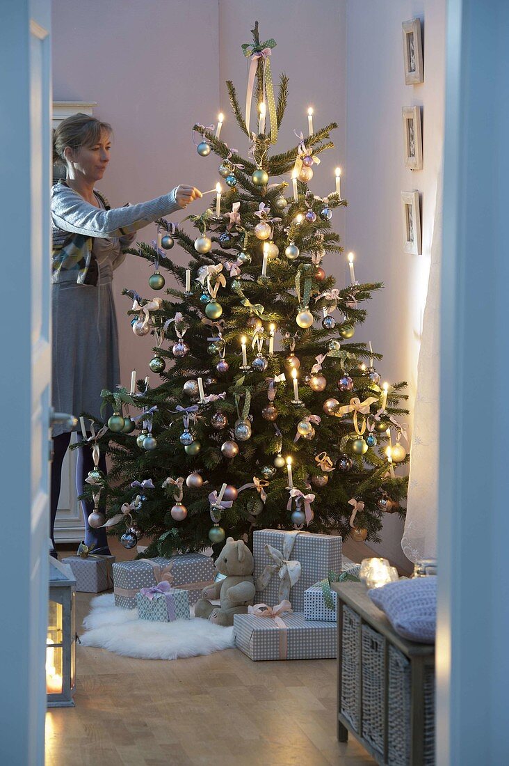 Abies nordmanniana (Nordmann fir) decorated in pastel colours