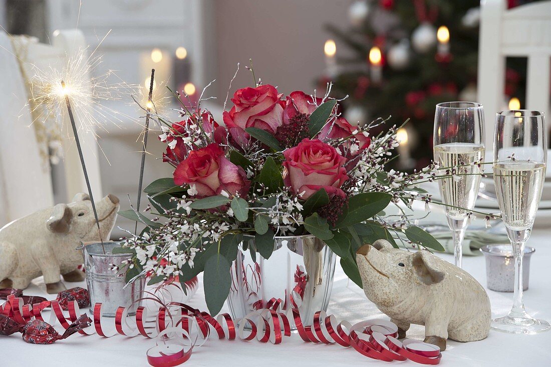 New Year's Eve bouquet of pink (rose), Cytisus (broom), eucalyptus