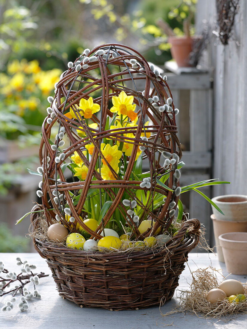 Wicker basket with egg made of branches of Salix (catkin willow) as decoration