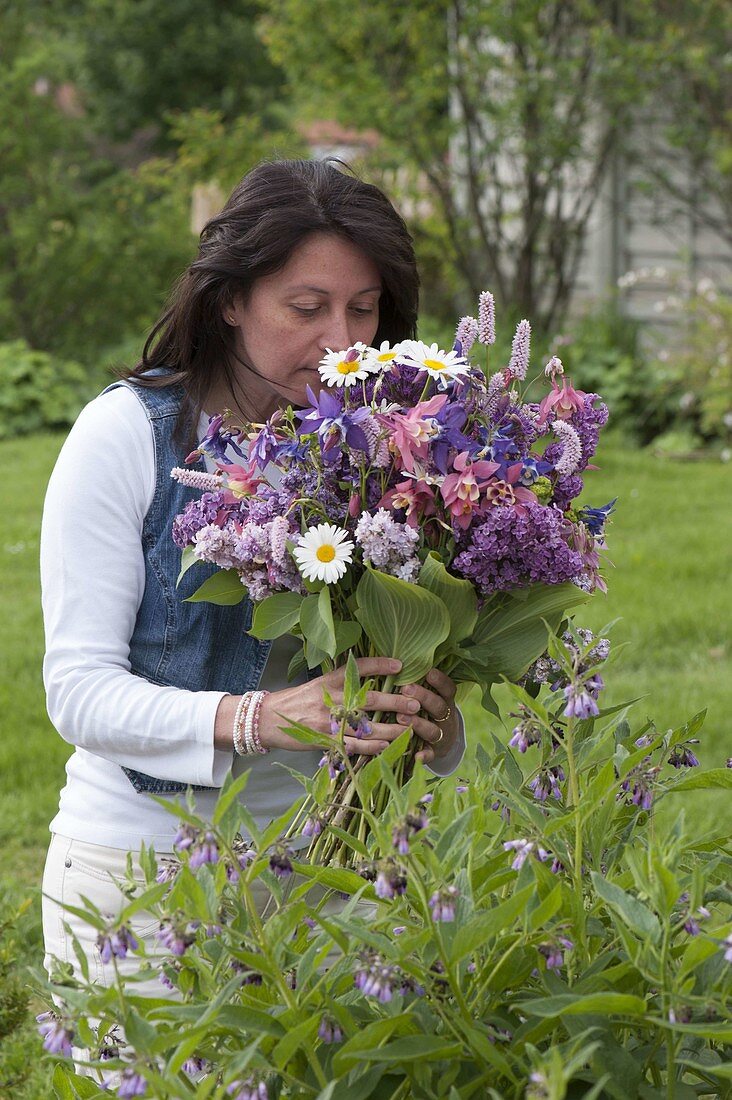 Woman in garden sniffing bouquet of Aquilegia (columbine), Syringa (lilac)