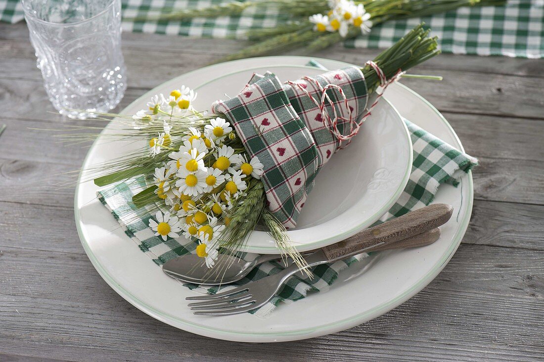 Small bouquet of camomile (Matricaria chamomilla) and barley ears