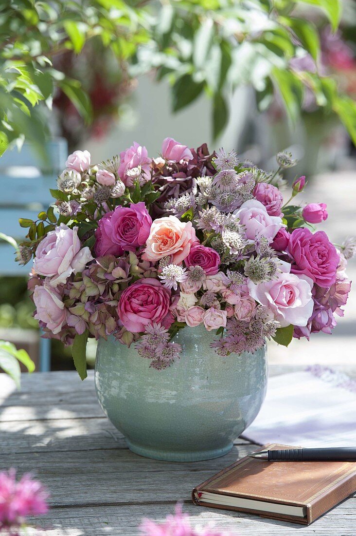 Pink-pink bouquet with Rosa (roses), Hydrangea (hydrangeas)