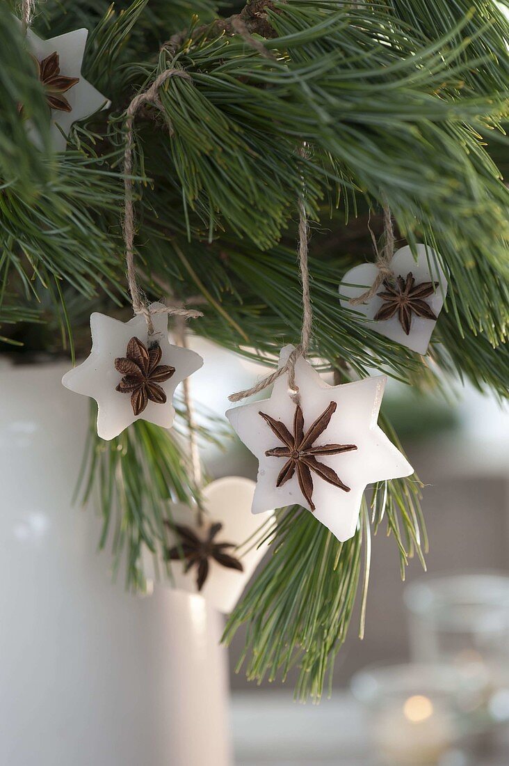 Self made Christmas tree decorations from wax and star anise