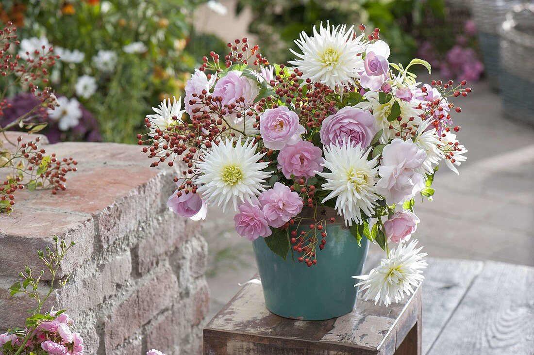 Roses, white late summer bouquet with dahlia and roses