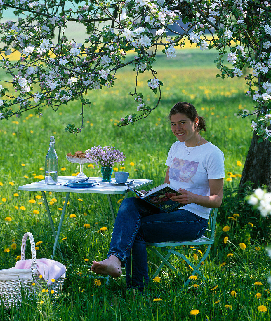Seating set under flowering apple tree