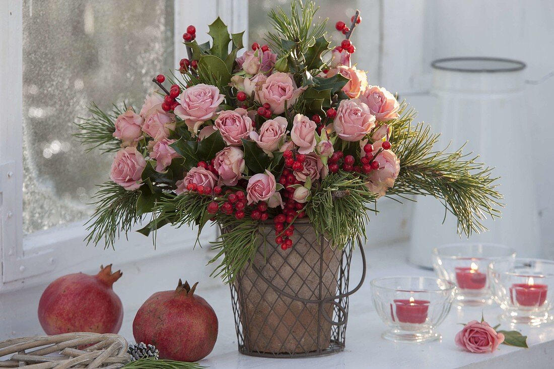 Winter bouquet with Rosa (roses), Ilex (red winterberry)