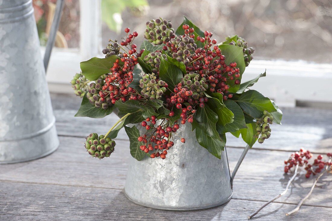 Strauss aus Rosa multiflora (Mini-Hagebutten) und Hedera (Efeu)