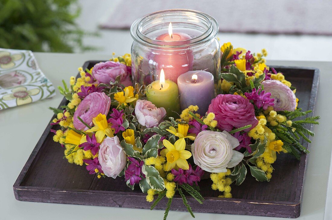 Yellow rose wreath with ranunculus, Hyacinthus flowers