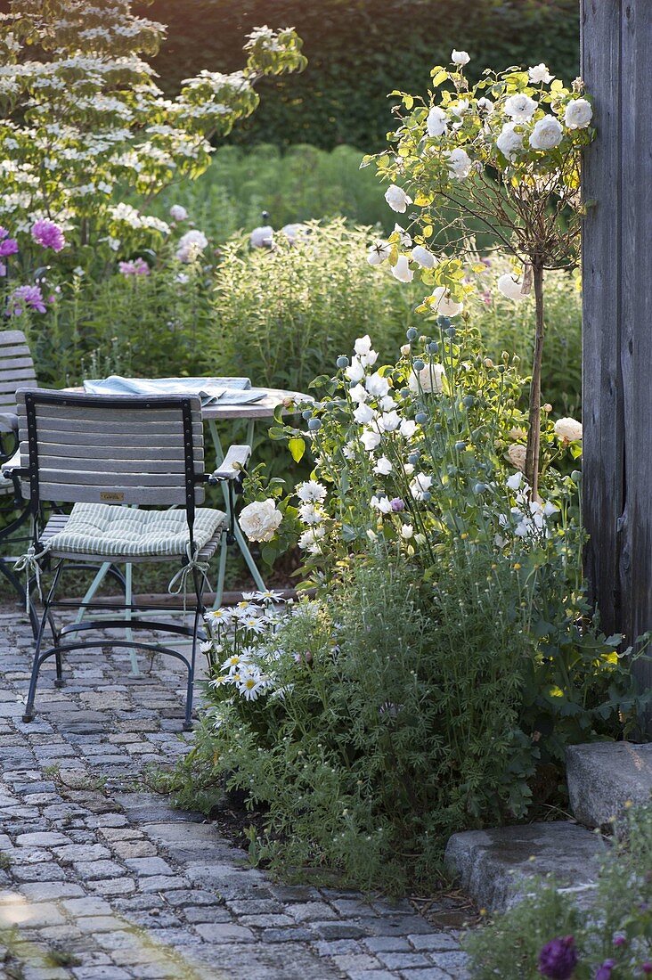 Small terrace with white bed