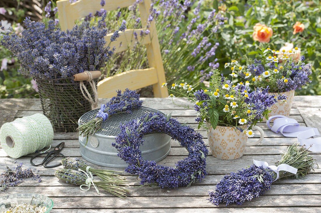Bouquets and wreath of lavender (Lavandula), lavender bottles