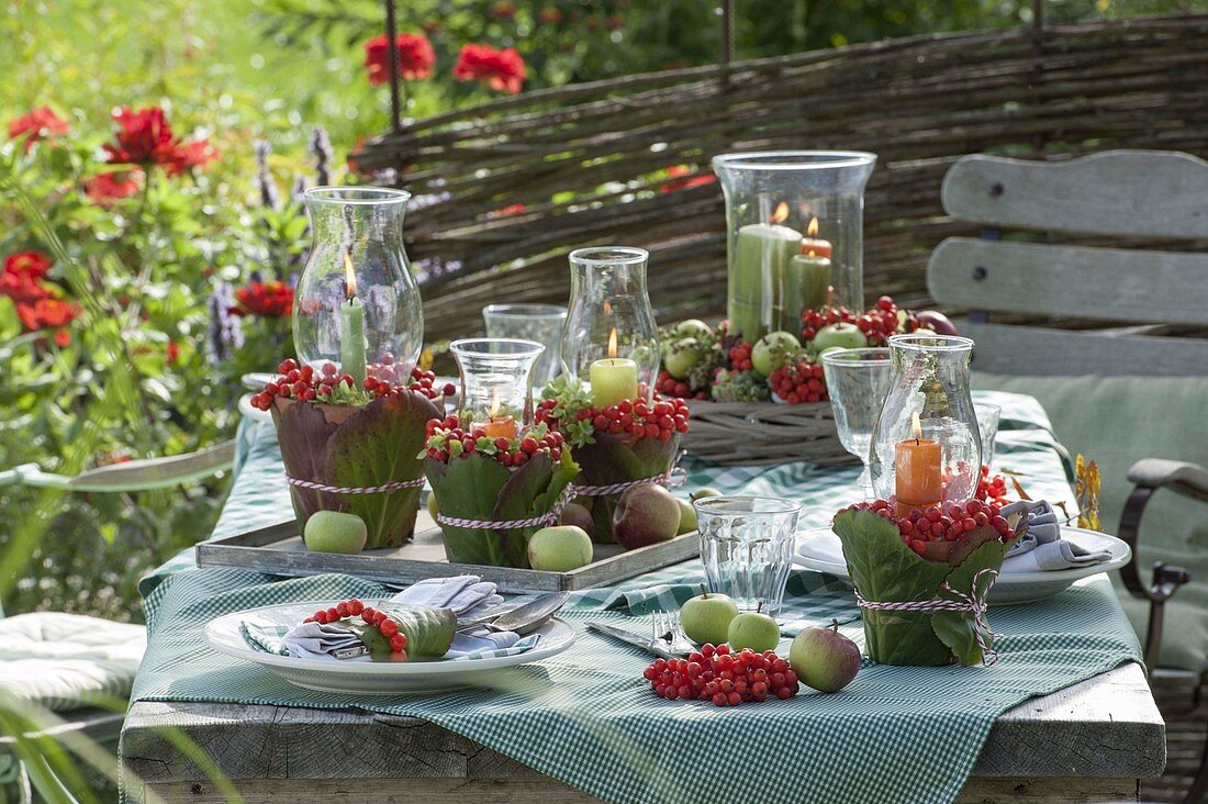 Late summer table decoration with rowan berries