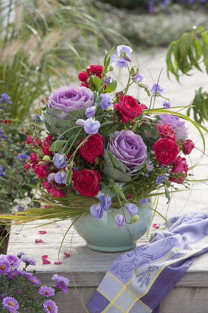 Early autumn bouquet with Rosa, Brassica, Lathyrus odoratus