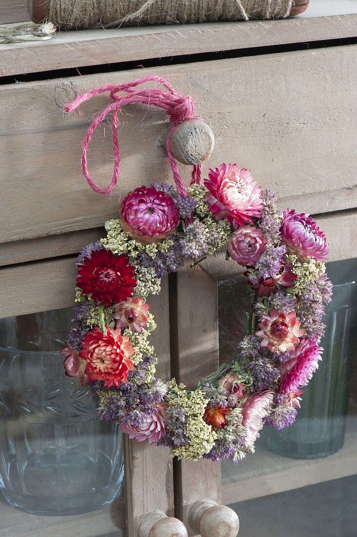 Strawflower wreath with yarrow and oregano