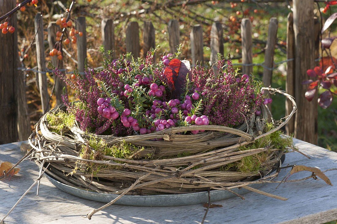 Wreath of clematis tendrils on zinc bowl, filled