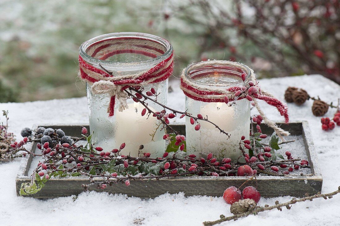 Lanterns frosted and with snow