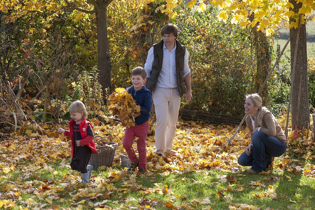 Family raking leaves in the garden