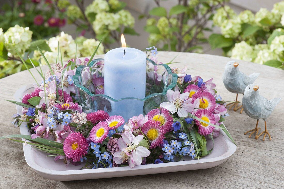 Wreath made of Bellis (daisies), Malus (ornamental apple), Myosotis