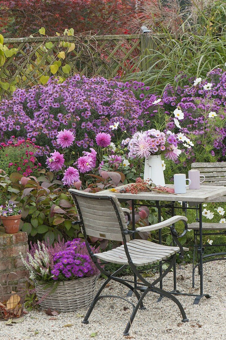 Autumnal gravel terrasse with small seating group on the flowerbed with aster