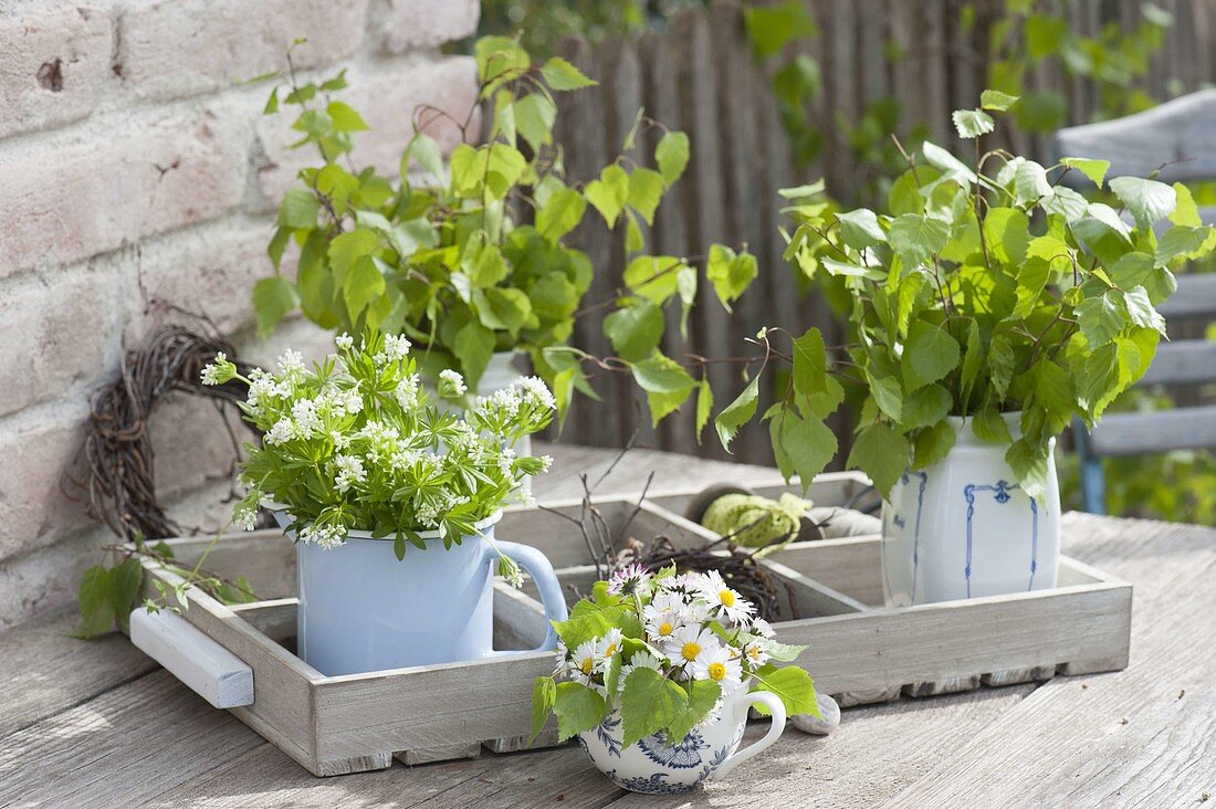 Maiengruen: Wooden tray with blooming woodruff