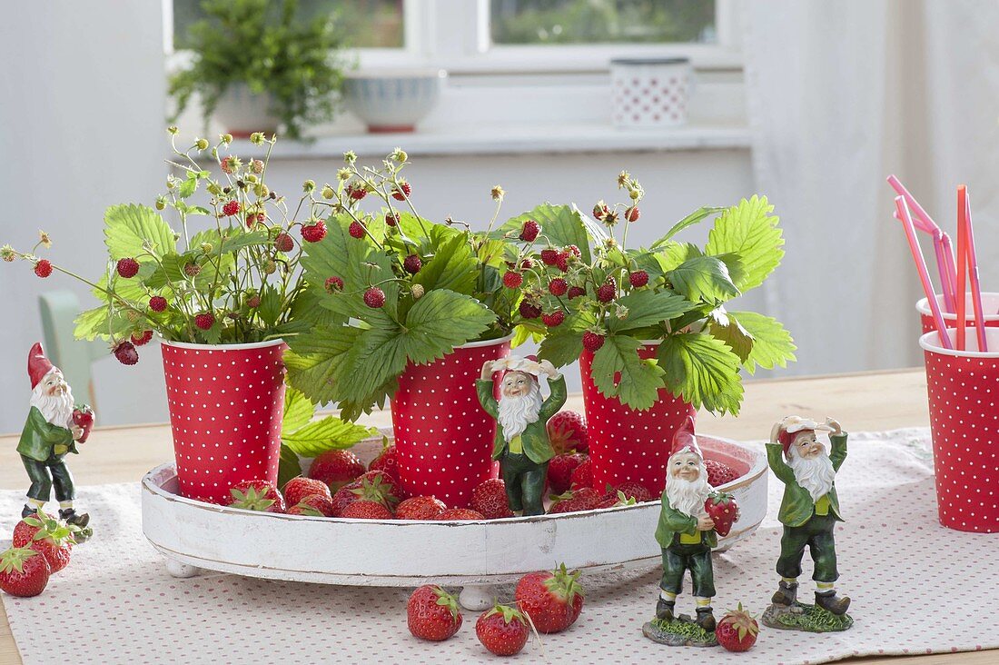 Erdbeer-Tischdeko in rot-weissen Bechern