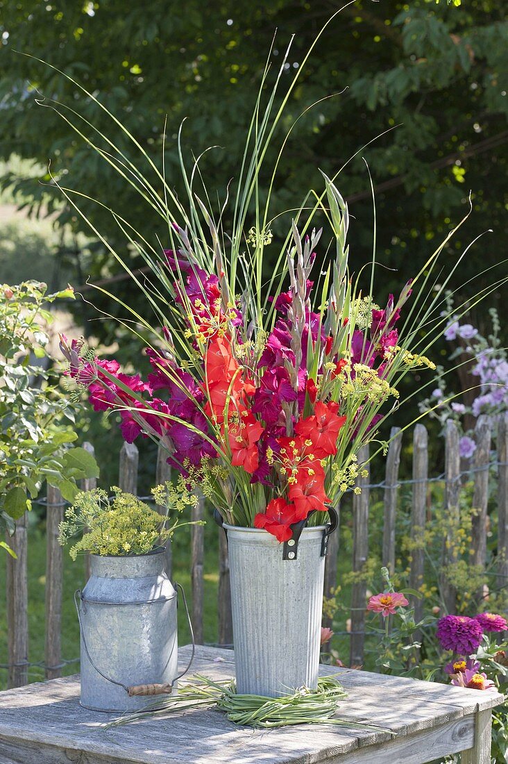 Bright bouquet of gladiolus, fennel flowers