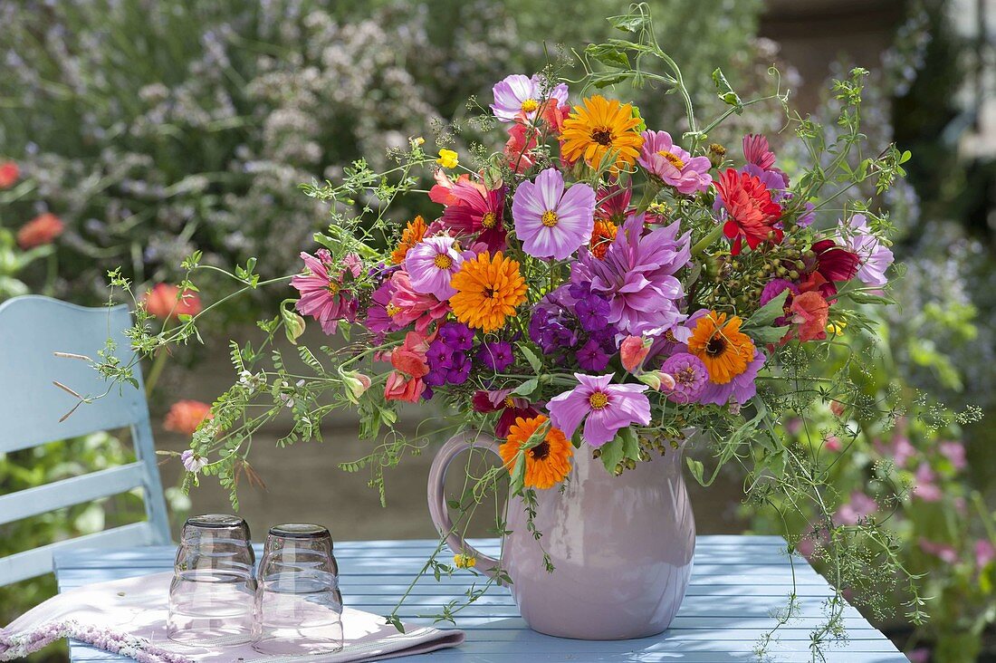 Colorful cottage garden bouquet with Cosmos, Calendula