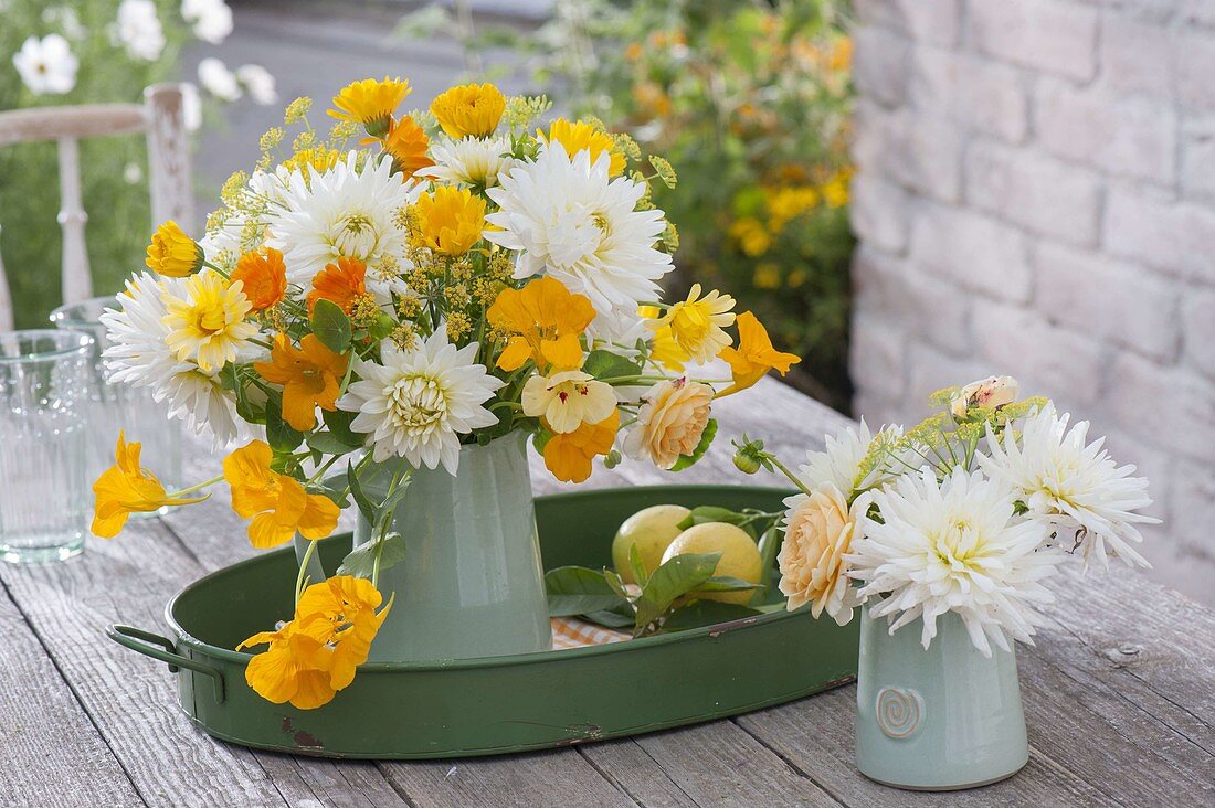 White-yellow bouquet with Dahlia (dahlias), Tropaeolum (nasturtium)