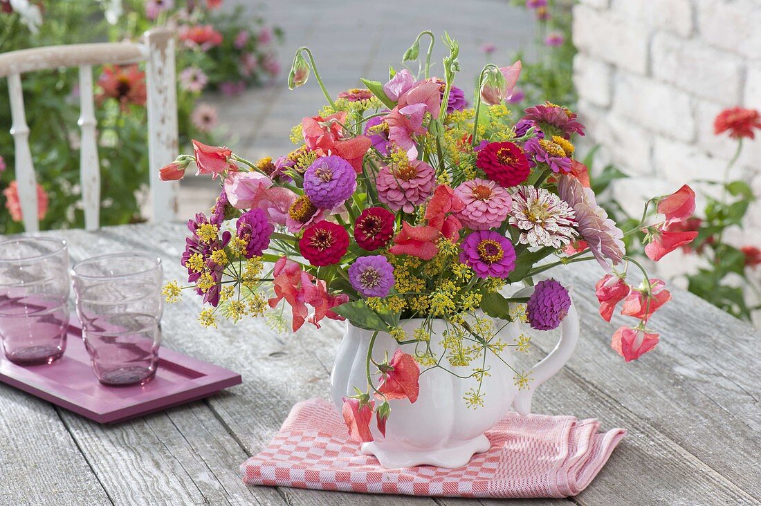 Late summer bouquet with Zinnia, Lathyrus odoratus