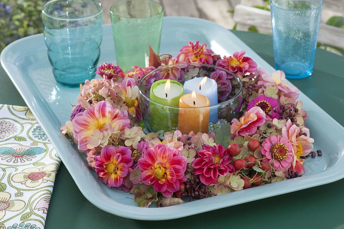 Wreath of Zinnia, Dahlia, Hydrangea