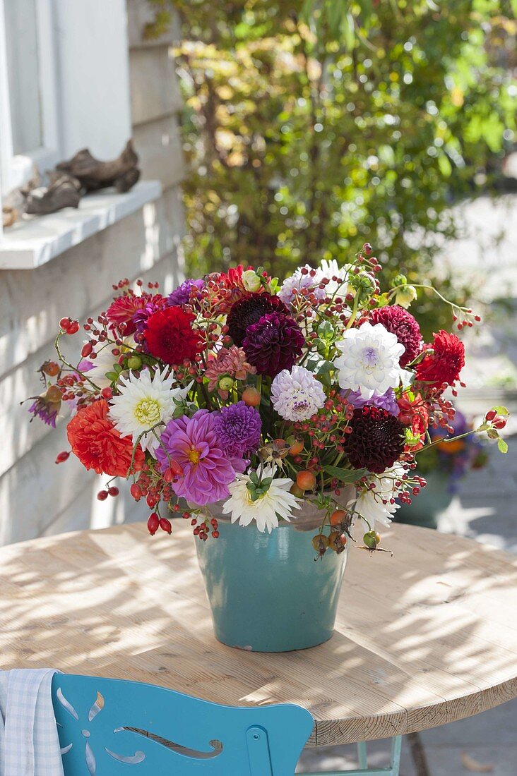 Bouquet of mixed dahlia and Rose, rosehips