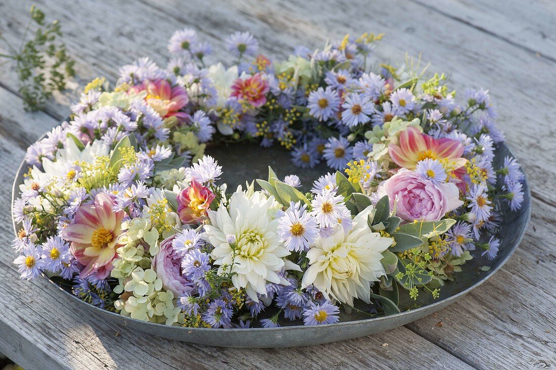 Kranz aus Dahlia (Dahlien), Aster (Herbstastern), Rosa (Rosen), Hydrangea