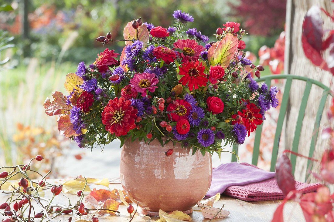 Autumn bouquet of Zinnia, Aster, Rosa