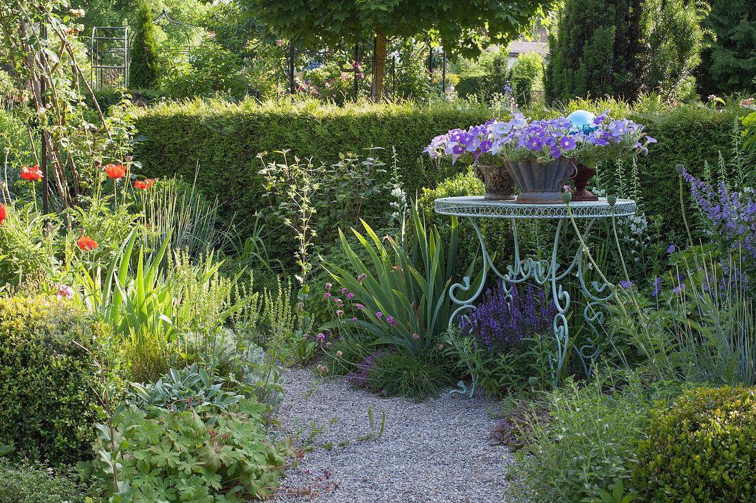 Gravel path between perennial beds in the early summer garden and flower pots on metal tables
