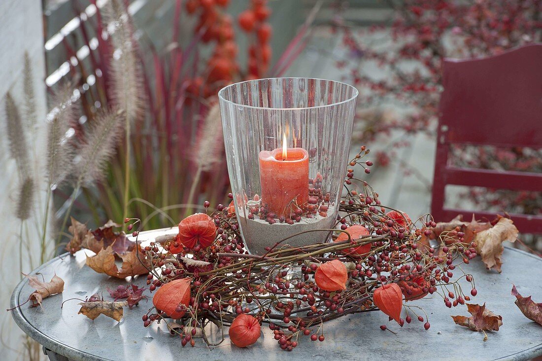 Windlicht in Kranz aus Zweigen von Rosa (Hagebutten) mit Physalis