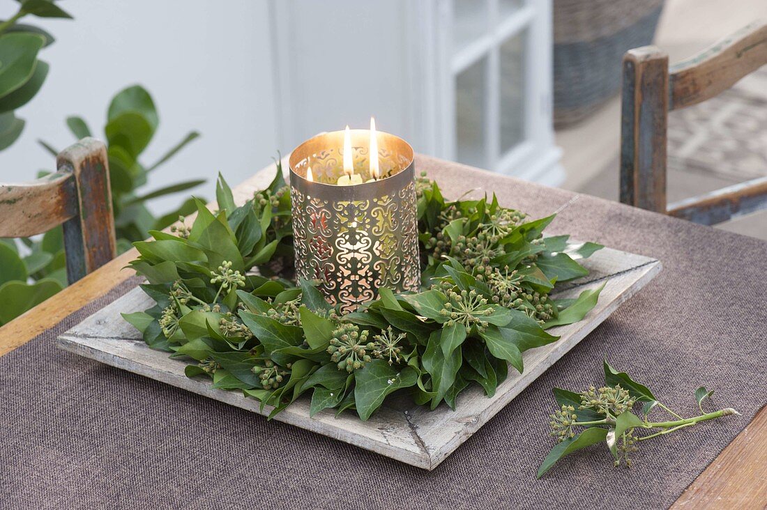 Wreath made of hedera (ivy) with fruit stalks on wooden coasters