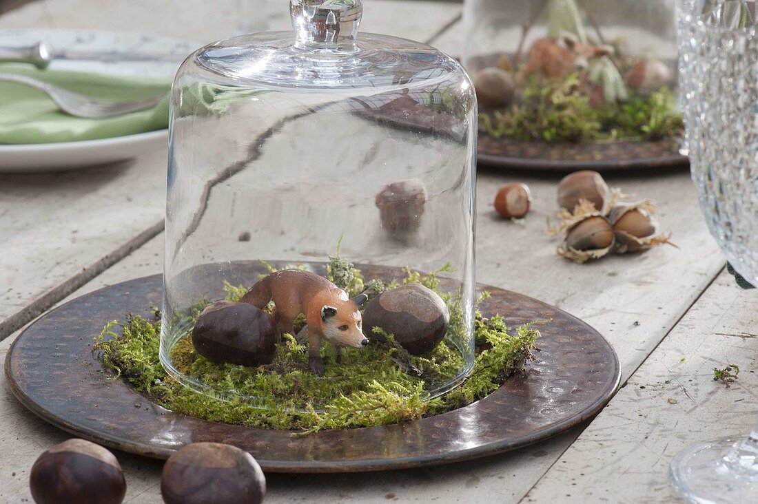Forest table decoration with animal figurine Fox on moss under glass bell