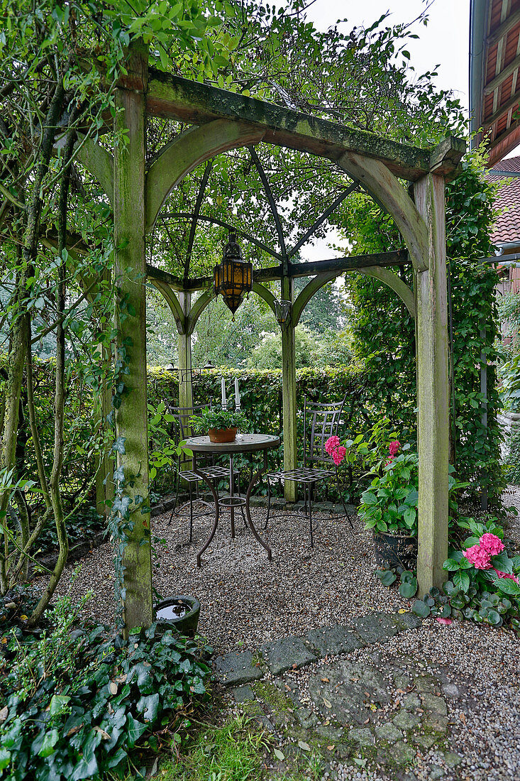 Shady seat under overgrown wooden pavilion