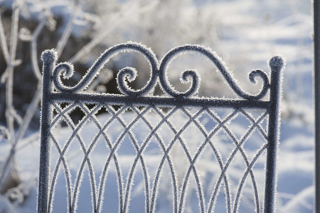 Hoarfrost crystals on nostalgic chair back