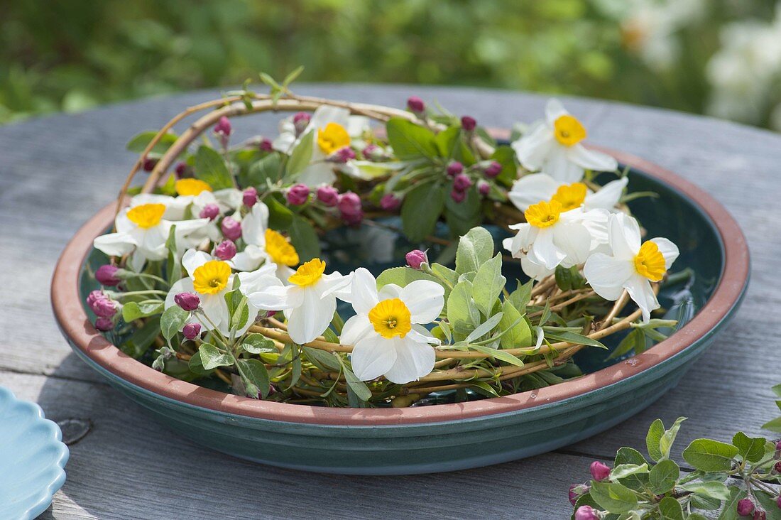 Wreath of Narcissus poeticus and branches of Malus