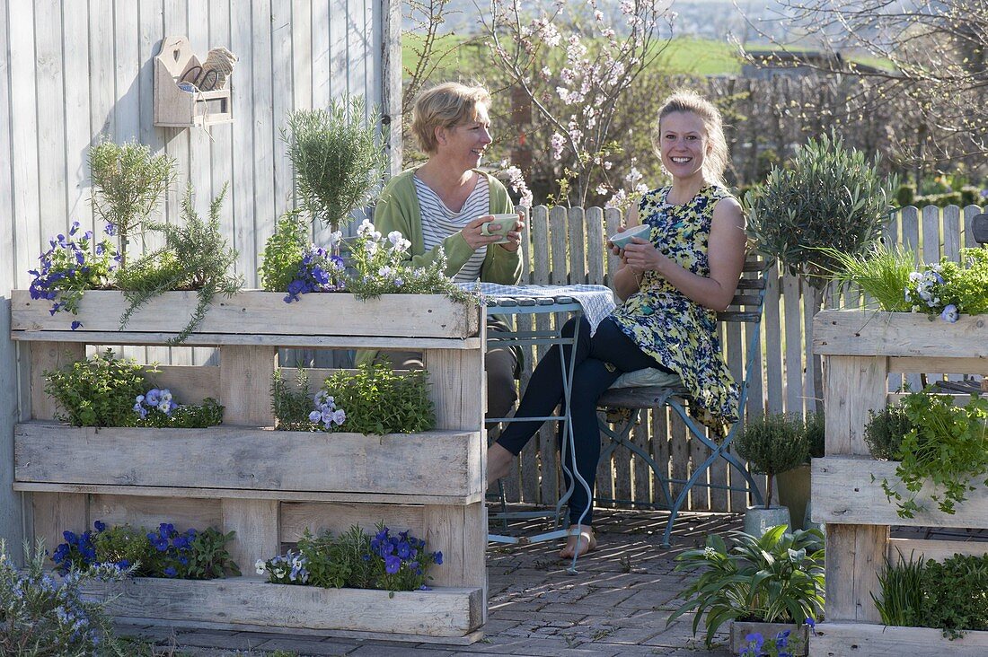 Terrace with planted Euro pallets as privacy screen