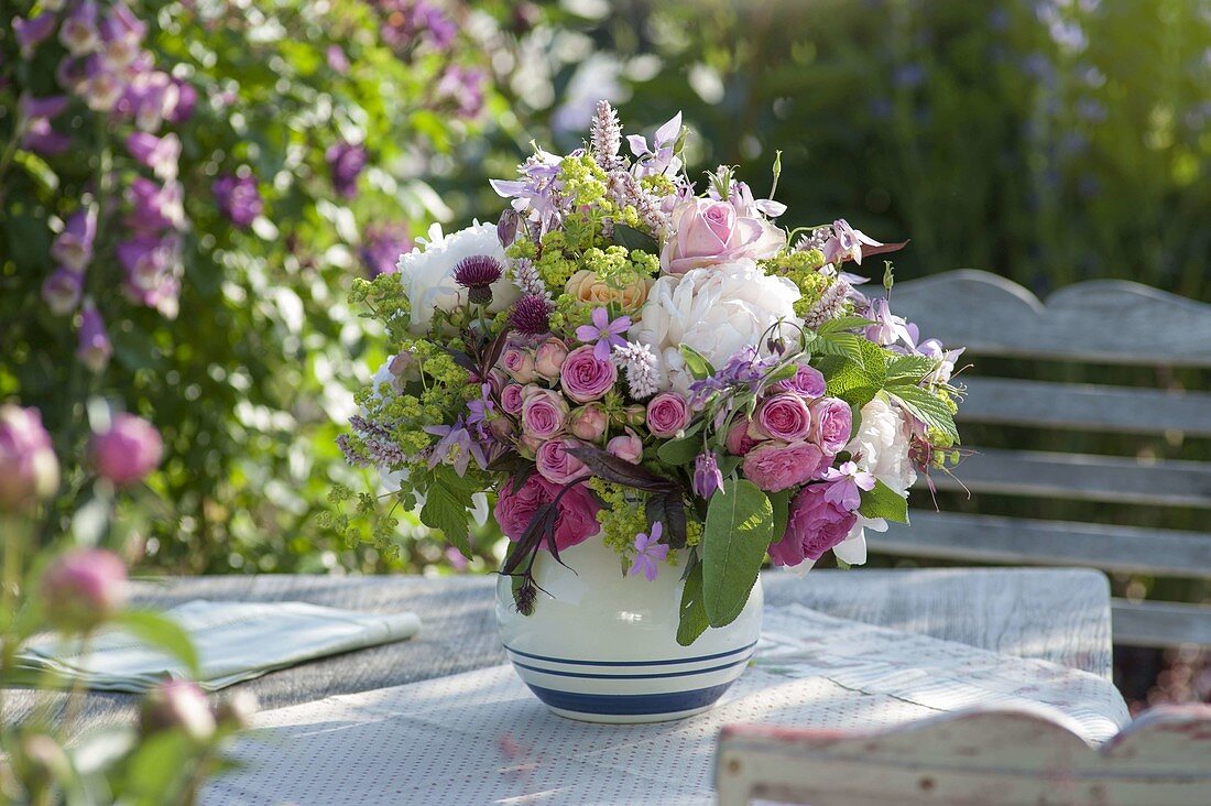 Lush bouquet of pink (rose), Paeonia (peony), Aquilegia