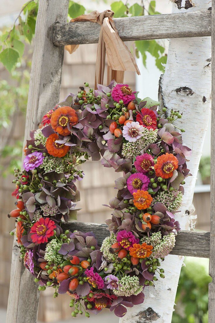 Autumn wreath of Hydrangea, Zinnia, Sedum