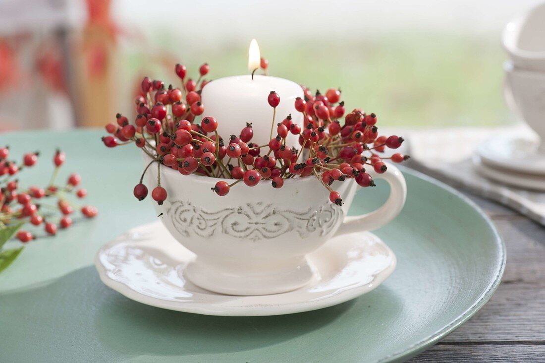 Small candle deco in conservatory, white candle with multiflora rose